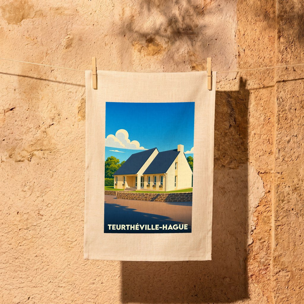 Torchon souvenir de la ville de Teurthéville-Hague avec une illustration stylisée d'une maison locale.