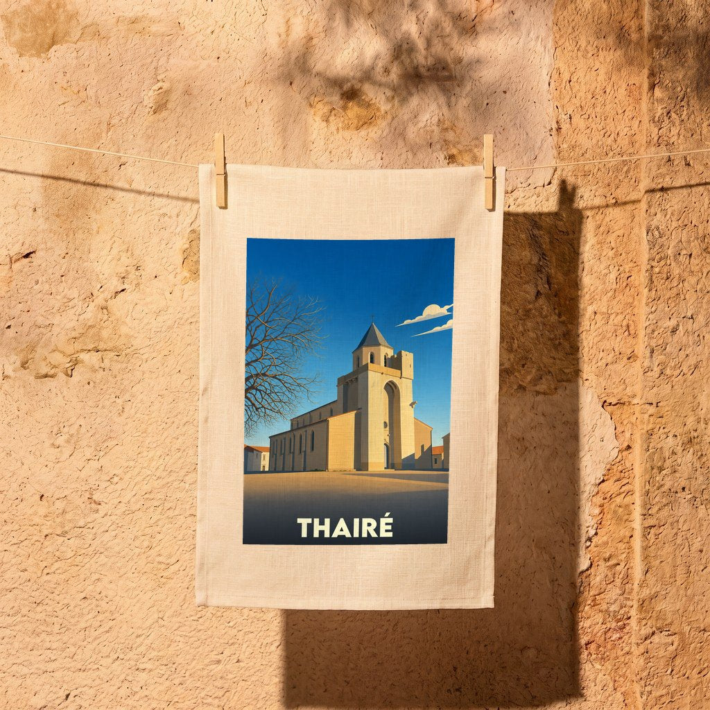 Torchon souvenir de la ville de Thairé illustré par un dessin stylisé de son église sous un ciel bleu.