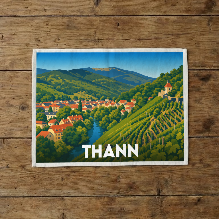 Torchon souvenir de la ville de Thann avec une illustration stylisée représentant ses vignobles et ses montagnes.