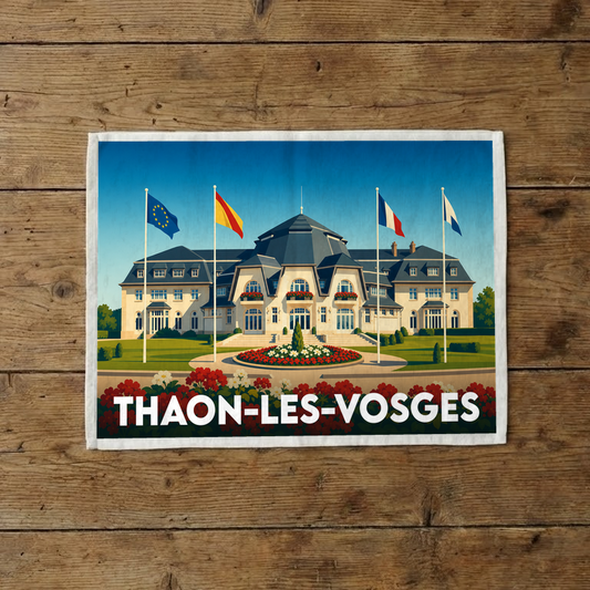 Torchon souvenir de la ville de Thaon-les-Vosges illustré par un bâtiment majestueux sous un ciel bleu.