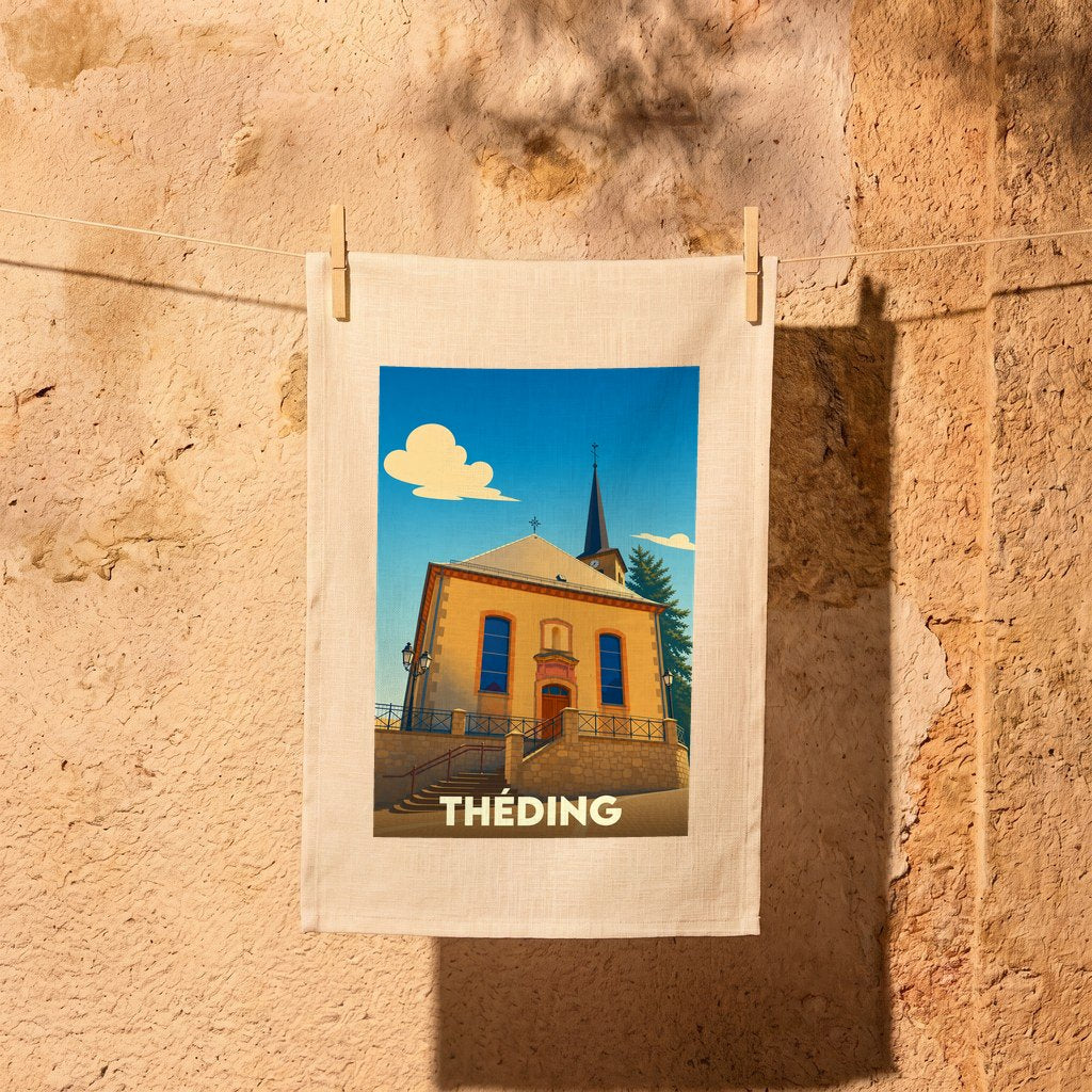 Torchon souvenir de la ville de Théding avec une illustration stylisée de son église.