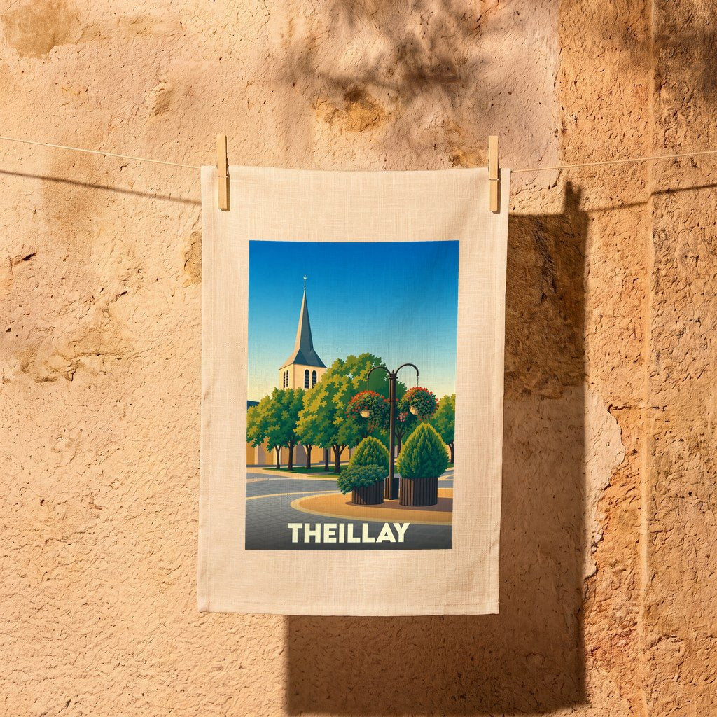Torchon souvenir de la ville de Theillay avec une illustration stylisée.