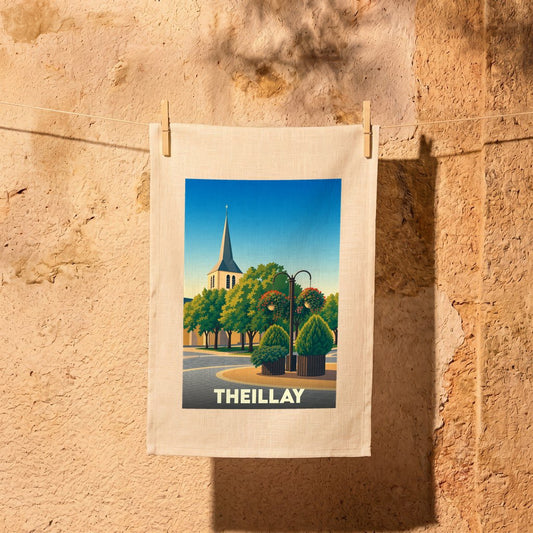 Torchon souvenir de la ville de Theillay avec une illustration stylisée.