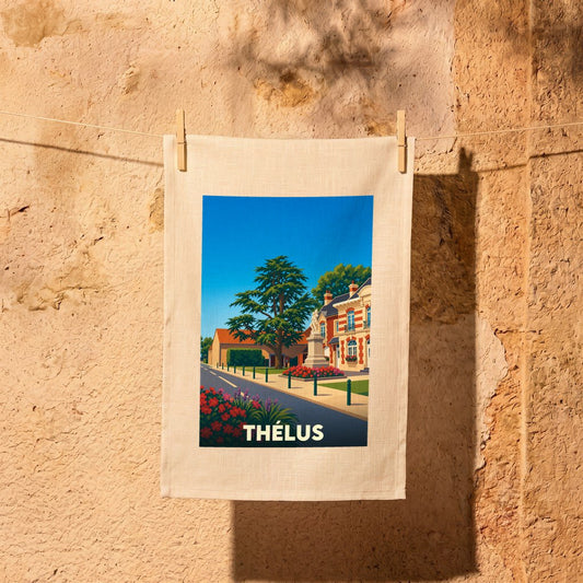 Torchon souvenir de la ville de Thélus avec une illustration stylisée d'une rue typique.