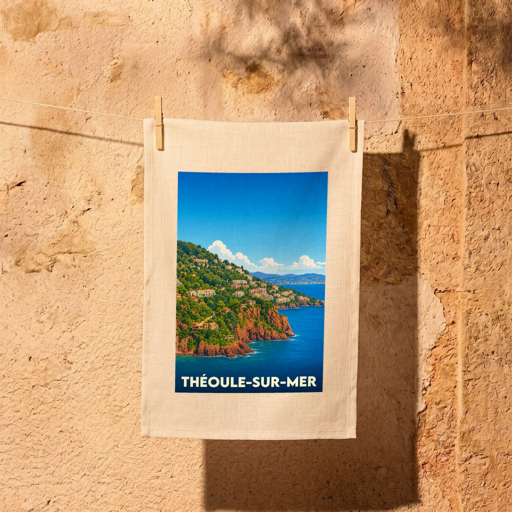 Torchon souvenir de Théoule-sur-Mer illustré par une vue stylisée de sa côte escarpée et de la mer Méditerranée.