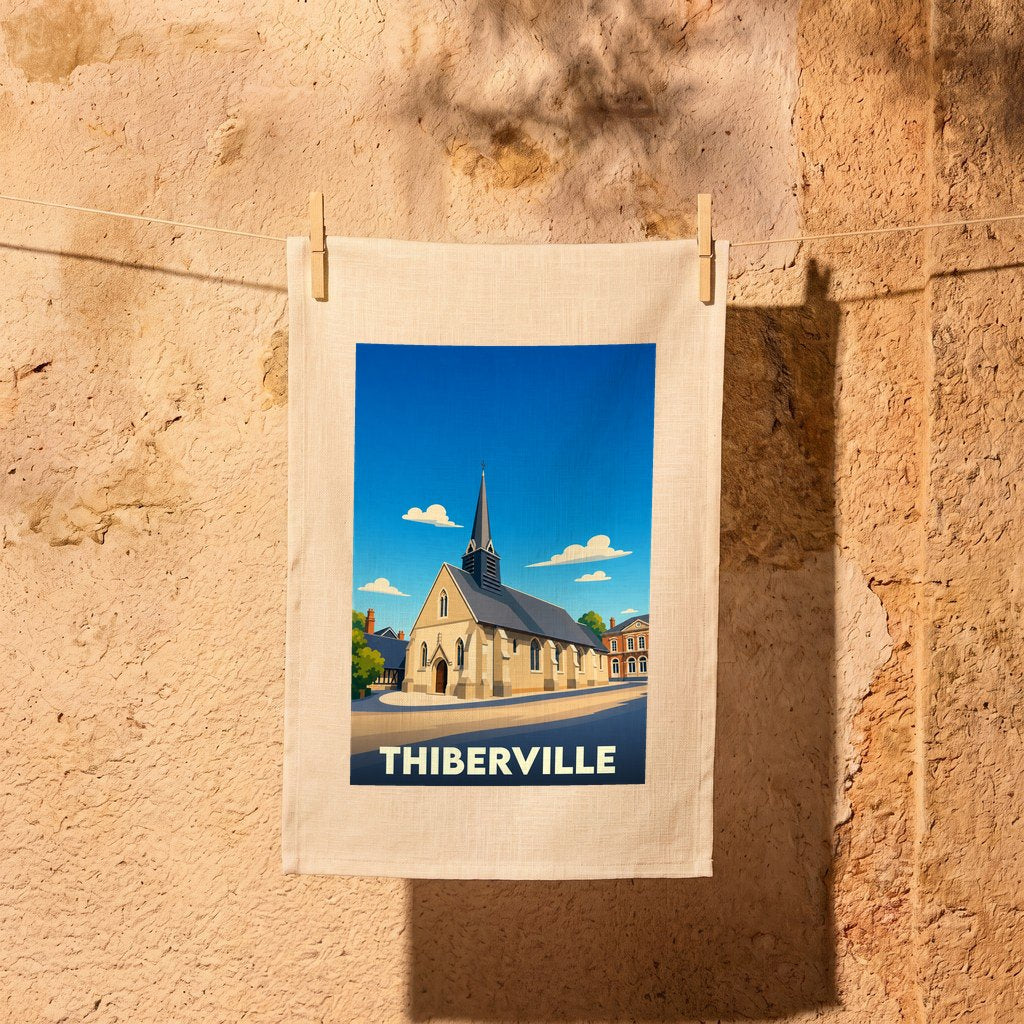 Torchon souvenir de la ville de Thiberville orné d'une illustration stylisée de son église sous un ciel bleu.