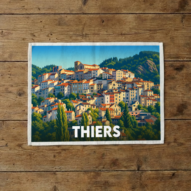 Torchon souvenir de la ville de Thiers avec une illustration stylisée de ses maisons colorées.