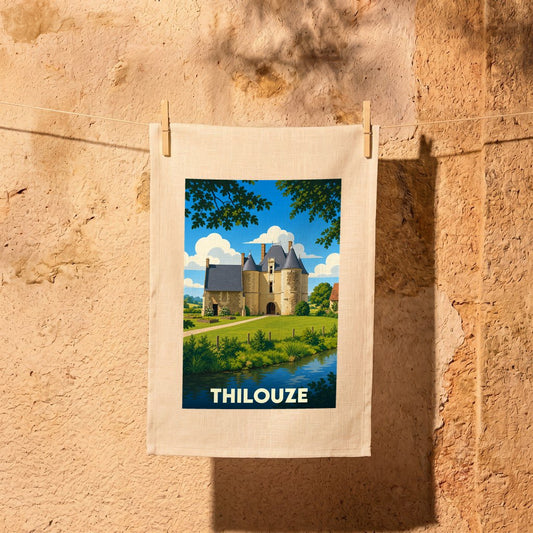 Torchon souvenir de la ville de Thilouze avec une illustration stylisée de son château.
