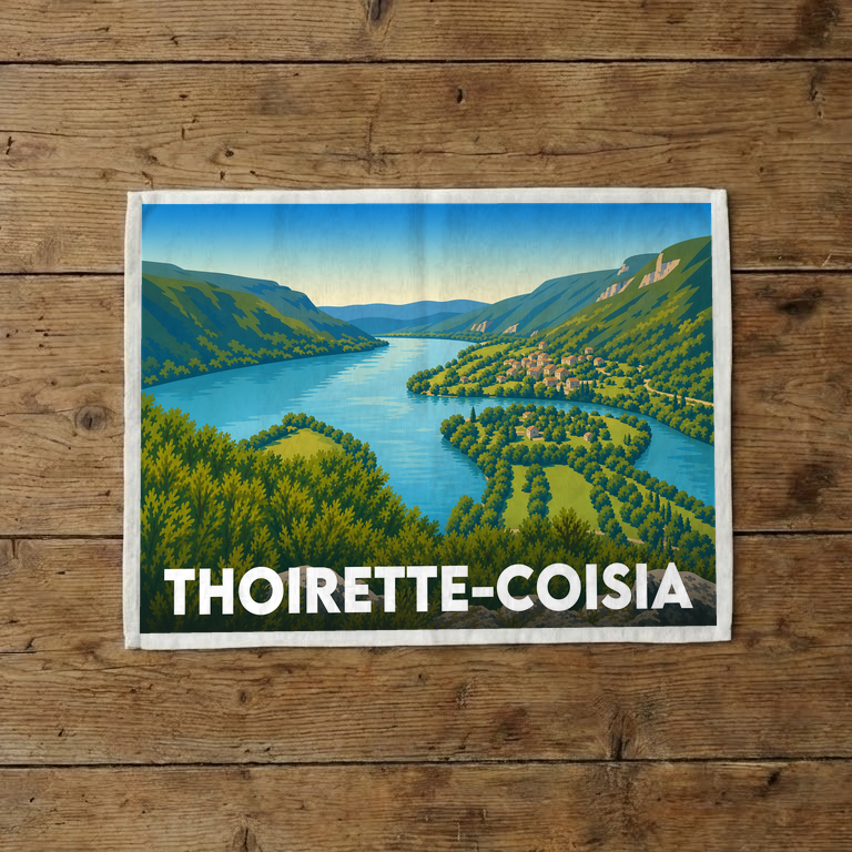 Torchon souvenir de la ville de Thoirette-Coisia avec une illustration stylisée d'un paysage de rivière et de montagnes.
