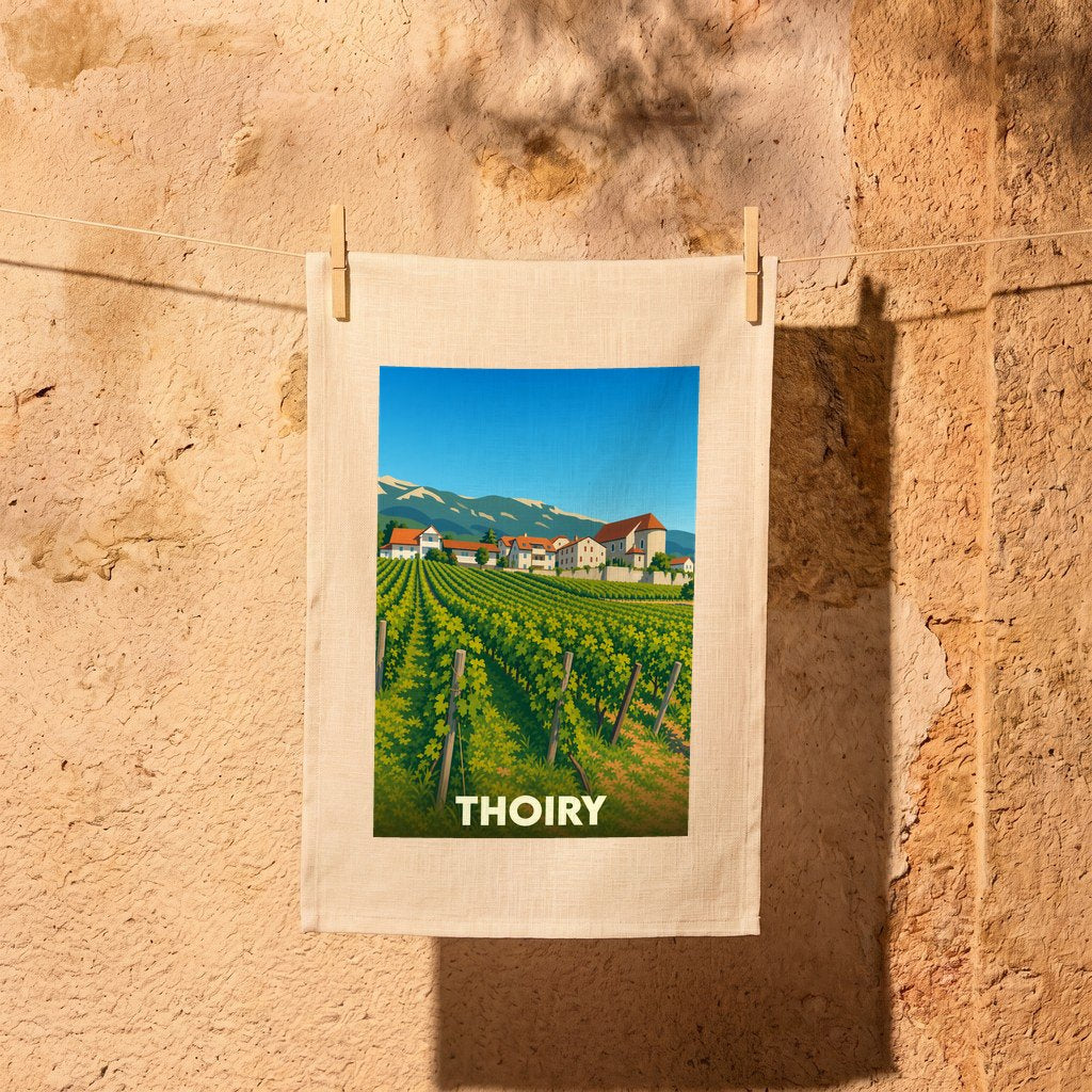 Torchon souvenir de la ville de Thoiry illustrant un paysage de vignobles au pied des montagnes.