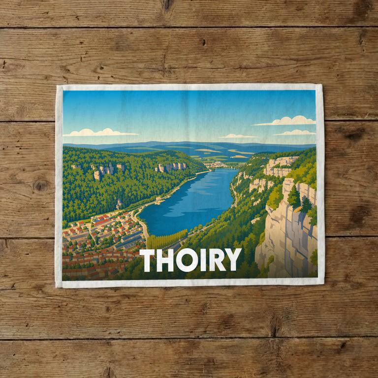 Torchon souvenir de la ville de Thoiry orné d'une illustration panoramique stylisée d'un lac bordé de montagnes.