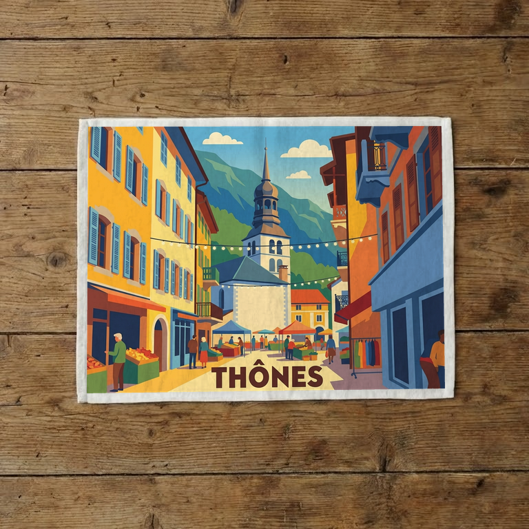 Torchon souvenir de la ville de Thônes avec une illustration stylisée de son marché coloré.