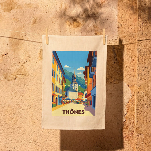 Torchon souvenir de la ville de Thônes avec une illustration stylisée de son marché coloré.