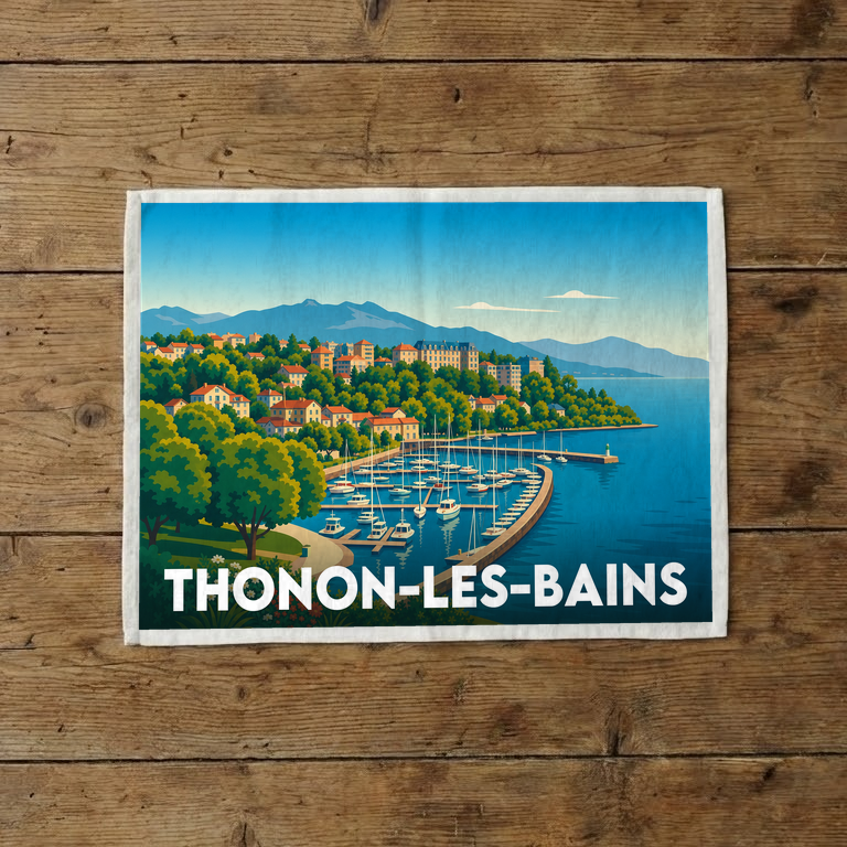 Torchon souvenir de la ville de Thonon-les-Bains avec une illustration stylisée de son port et des montagnes.