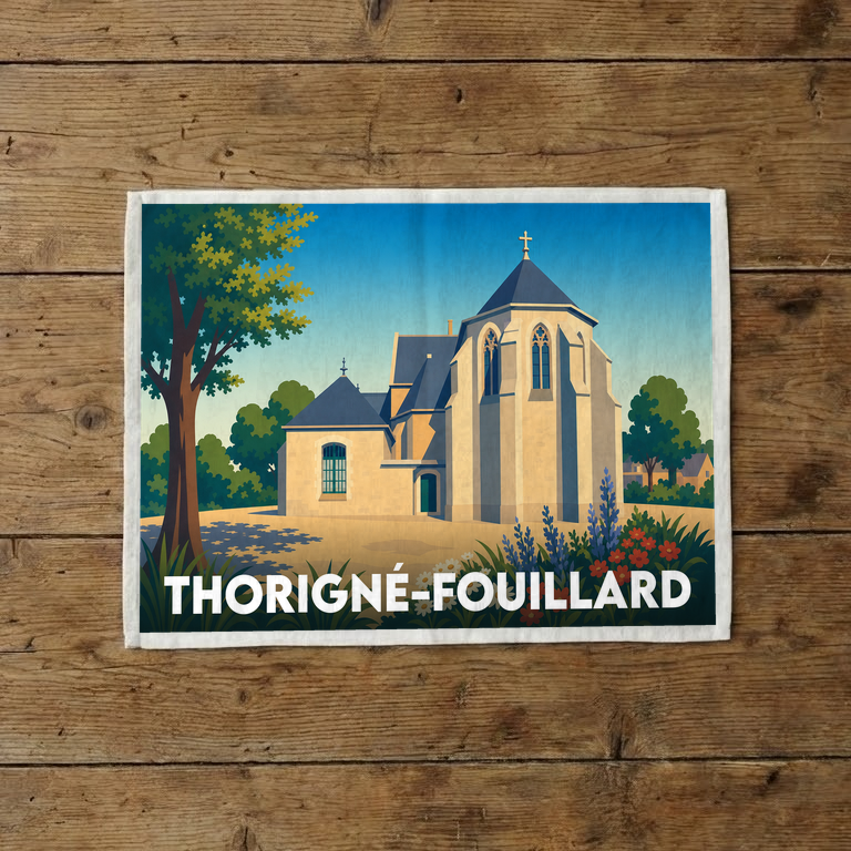 Torchon souvenir de la ville de Thorigné-Fouillard avec une illustration stylisée de son église.
