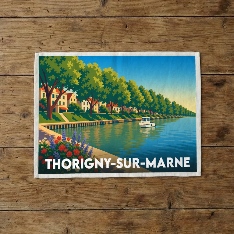 Torchon souvenir de la ville de Thorigny-sur-Marne avec une illustration stylisée des bords de la Marne.
