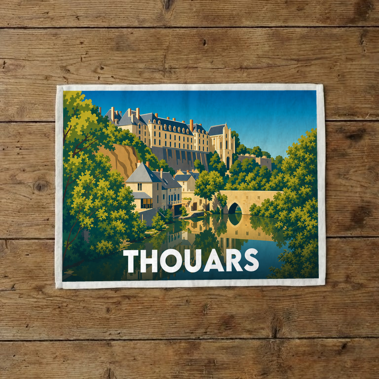 Torchon souvenir de la ville de Thouars avec une illustration stylisée du château et du pont sur la rivière.