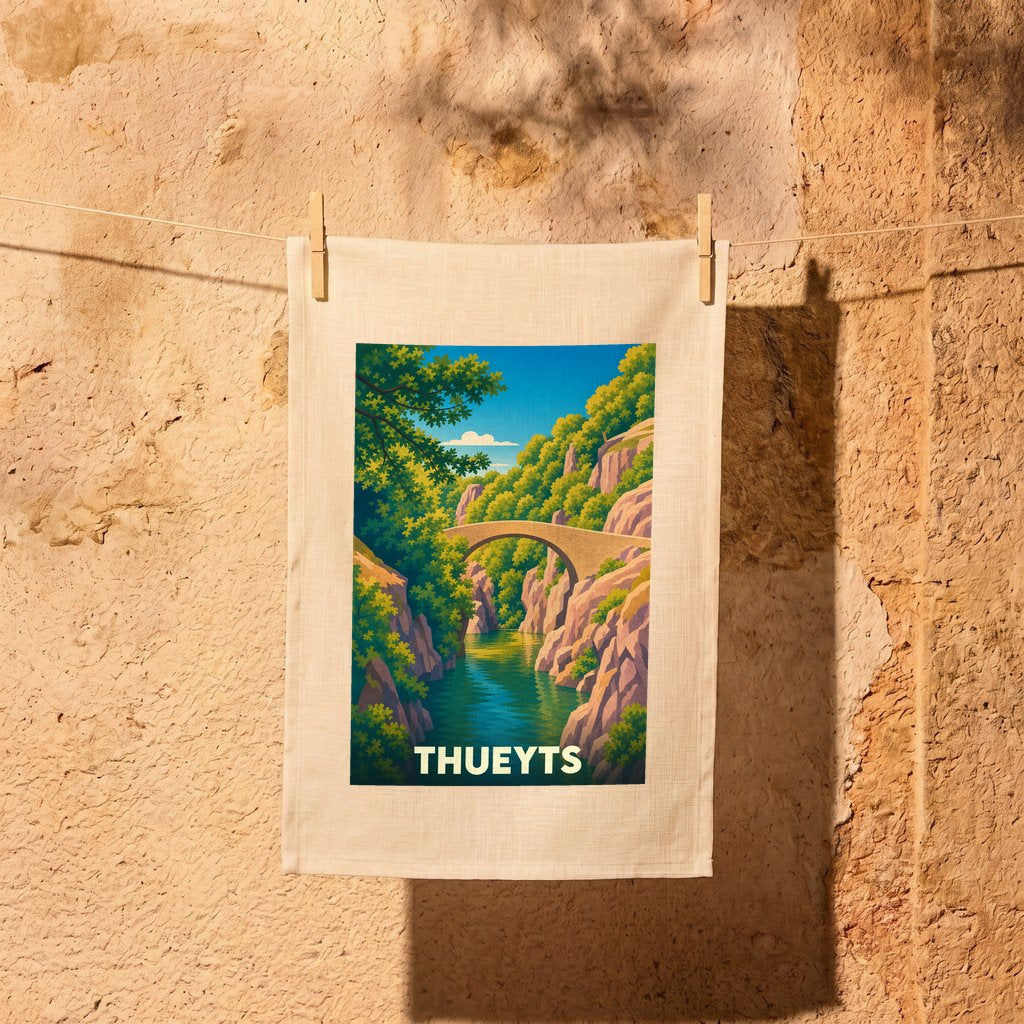 Torchon souvenir de la ville de Thueyts avec une illustration stylisée d'un pont en pierre enjambant une rivière.