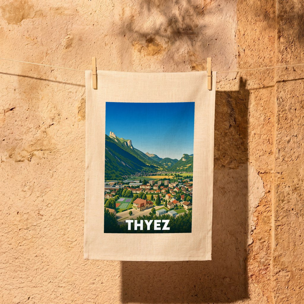 Torchon souvenir de la ville de Thyez avec une illustration stylisée de ses paysages montagneux.