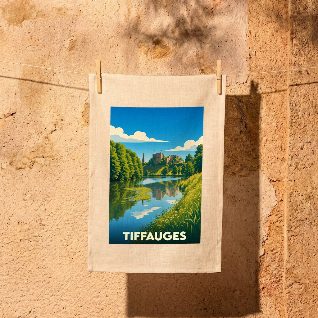 Torchon souvenir de la ville de Tiffauges orné d'une illustration stylisée du château et de sa rivière.