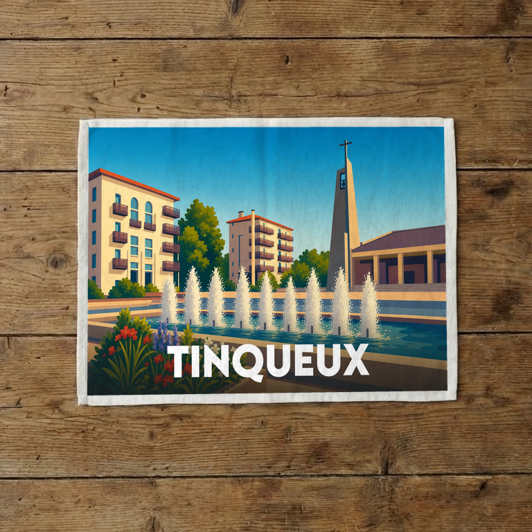 Torchon souvenir de la ville de Tinqueux orné d'une illustration stylisée de ses monuments et de ses fontaines.