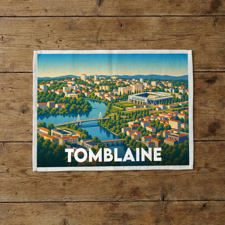 Torchon souvenir de la ville de Tomblaine avec une illustration stylisée et colorée.
