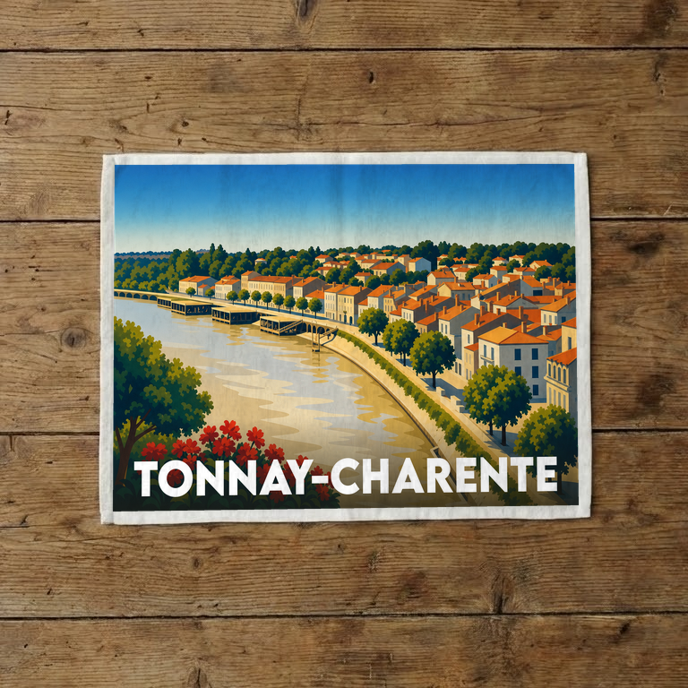 Torchon souvenir de la ville de Tonnay-Charente avec une illustration stylisée des quais de la Charente.