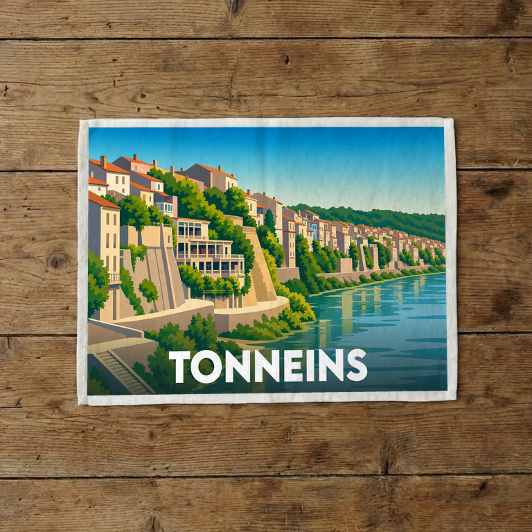 Torchon souvenir de la ville de Tonneins avec une illustration stylisée des quais du bord de l'eau.