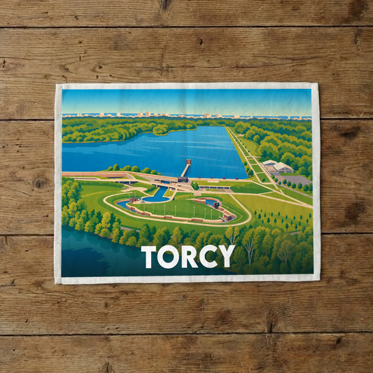Torchon souvenir de la ville de Torcy avec une illustration stylisée en vue aérienne de son stade nautique.