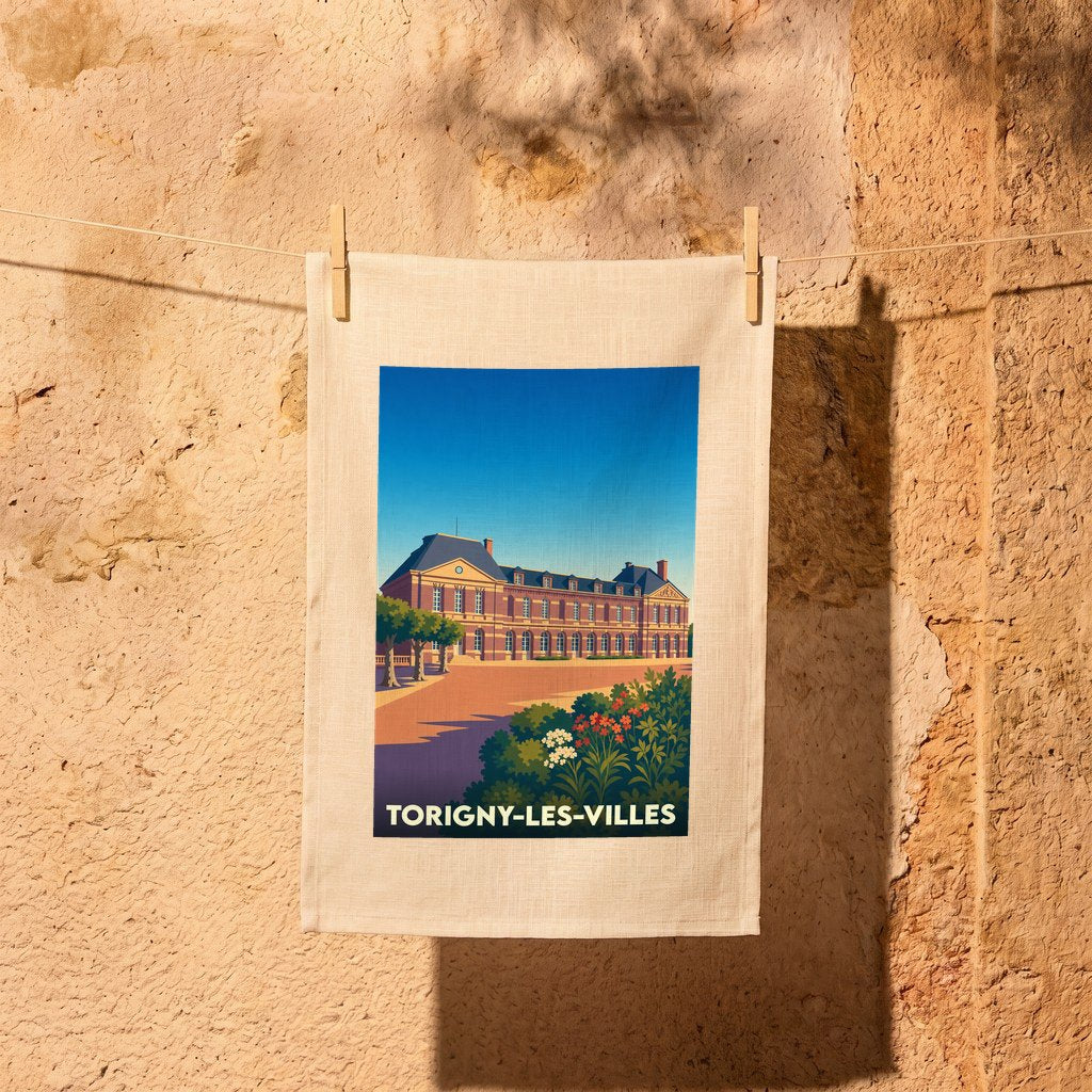 Torchon souvenir de la ville de Torigny-les-Villes avec une illustration stylisée de son château.