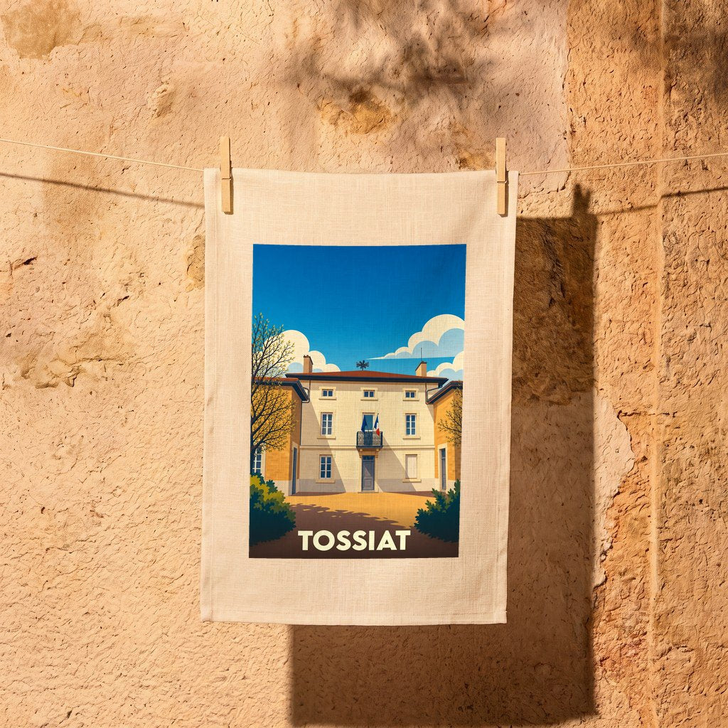 Torchon souvenir de la ville de Tossiat avec une illustration stylisée de sa mairie.