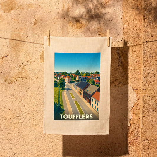 Torchon souvenir de la ville de Toufflers avec une illustration stylisée d'un paysage urbain.