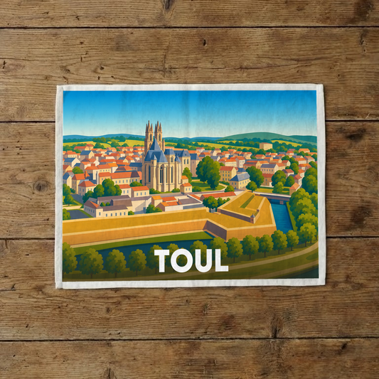 Torchon souvenir de la ville de Toul avec une illustration stylisée de ses remparts et de sa cathédrale.