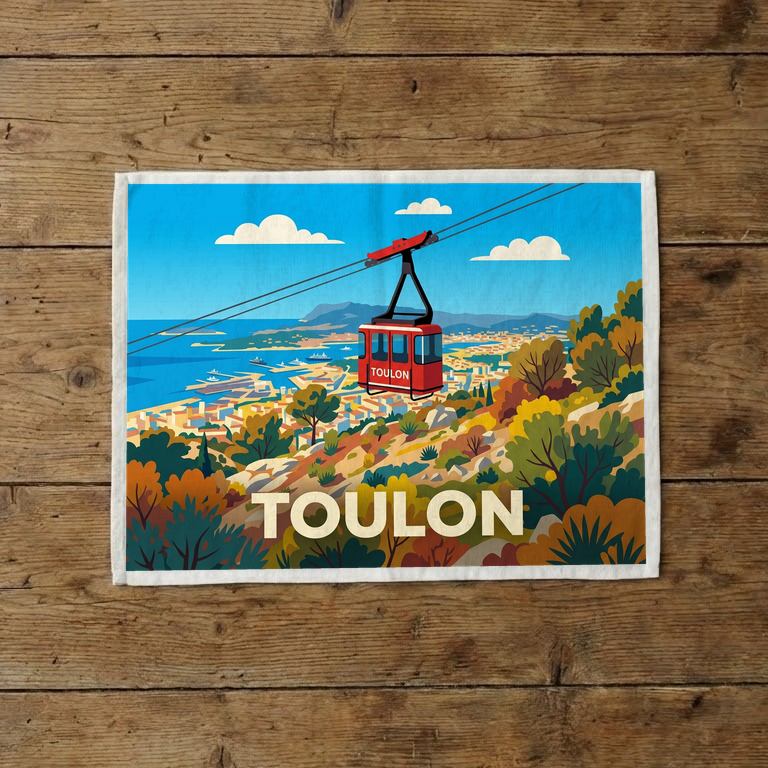 Torchon souvenir de la ville de Toulon avec une illustration stylisée représentant son téléphérique rouge surplombant la rade.