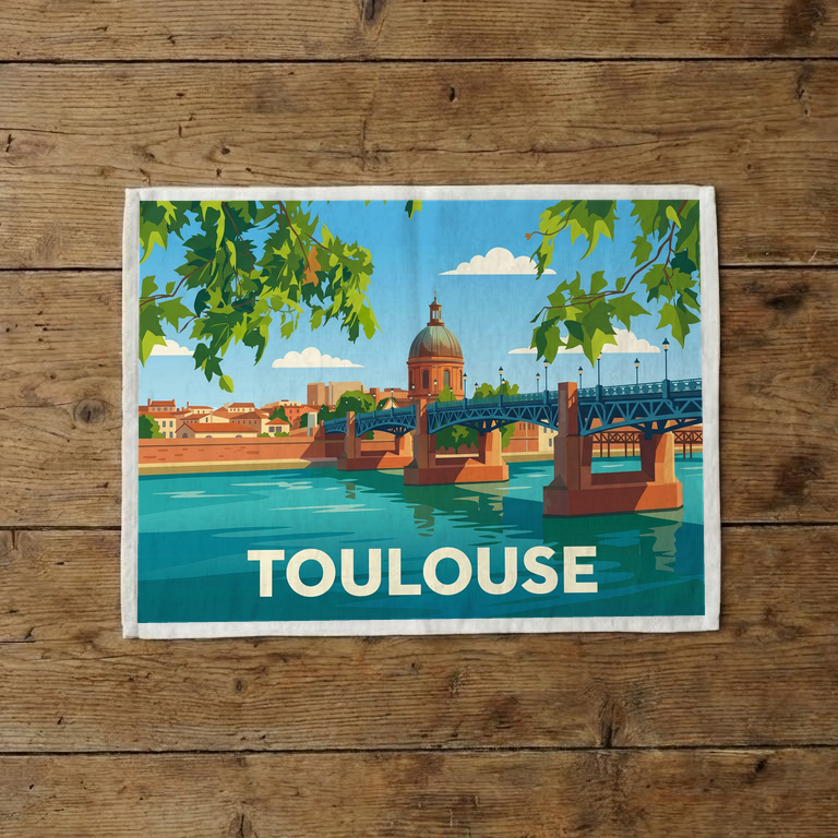 Torchon souvenir de la ville de Toulouse avec une illustration stylisée du pont Saint-Pierre et du dôme de La Grave.
