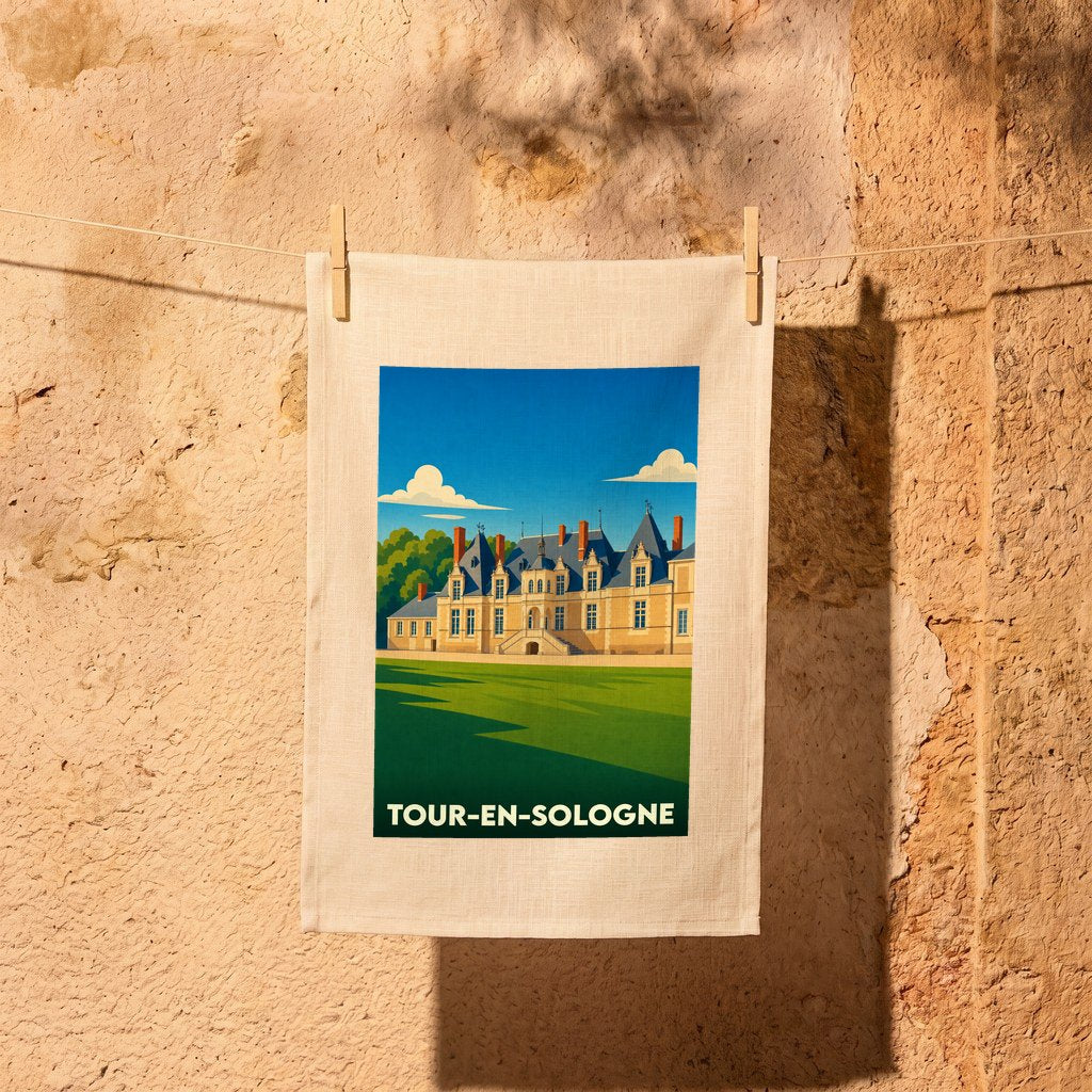 Torchon souvenir de la ville de Tour-en-Sologne avec une illustration stylisée du château de Villesavin.