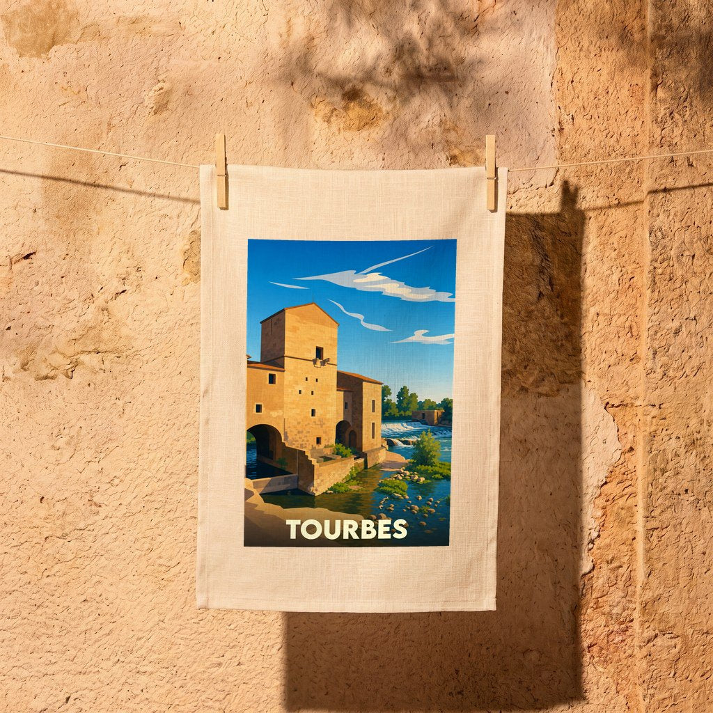 Torchon souvenir de la ville de Tourbes avec une illustration stylisée d'un moulin fortifié au bord de l'eau.