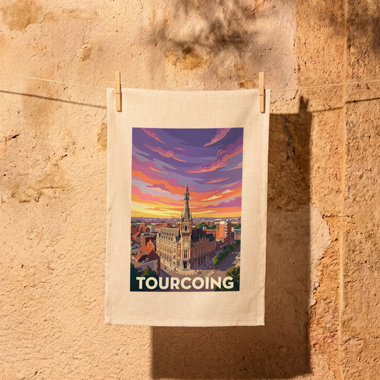 Torchon souvenir de la ville de Tourcoing avec une illustration stylisée de son hôtel de ville.