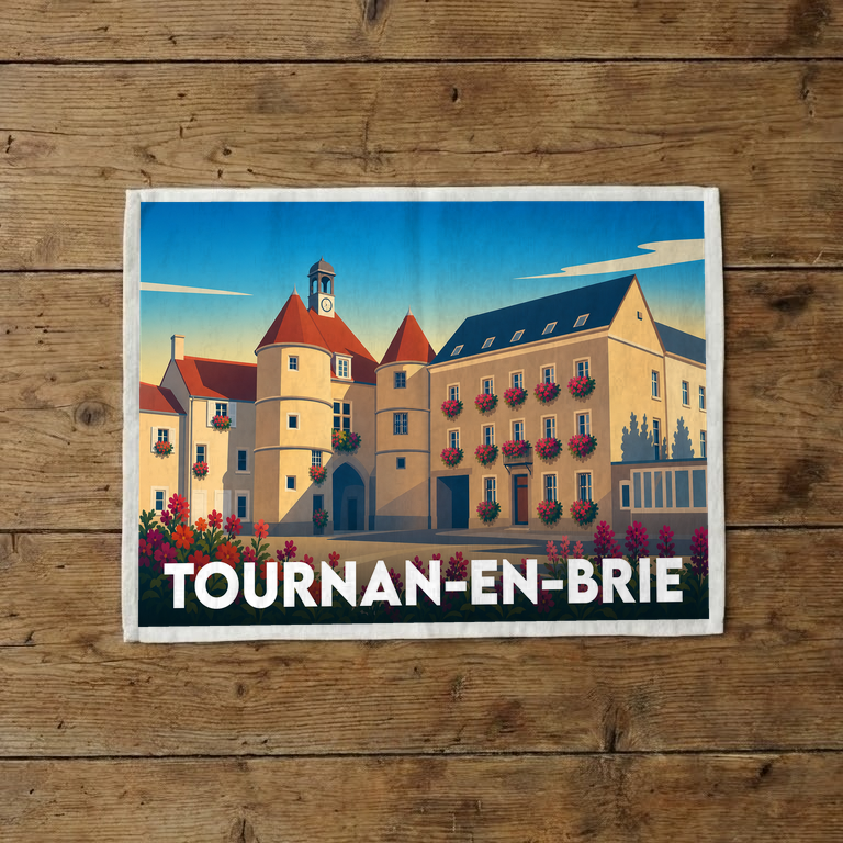 Torchon souvenir de la ville de Tournan-en-Brie avec une illustration stylisée de son architecture.