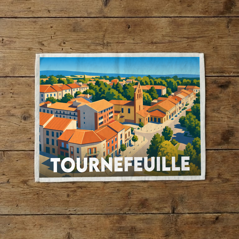Torchon souvenir de la ville de Tournefeuille illustré d'une vue aérienne stylisée et colorée.