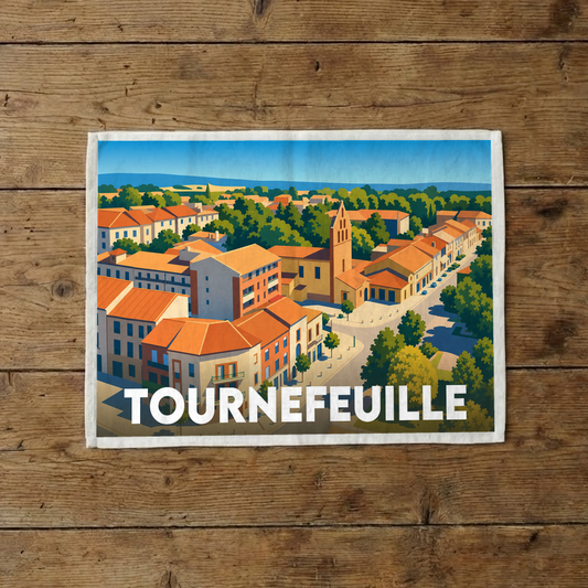 Torchon souvenir de la ville de Tournefeuille illustré d'une vue aérienne stylisée et colorée.