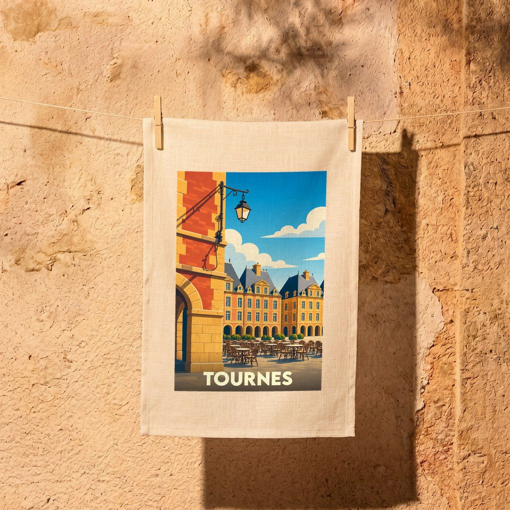 Torchon souvenir de la ville de Tournes orné d'une illustration stylisée d'une place ensoleillée.