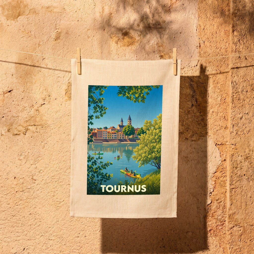 Torchon souvenir de la ville de Tournus avec une illustration stylisée représentant des kayakistes sur la Saône.
