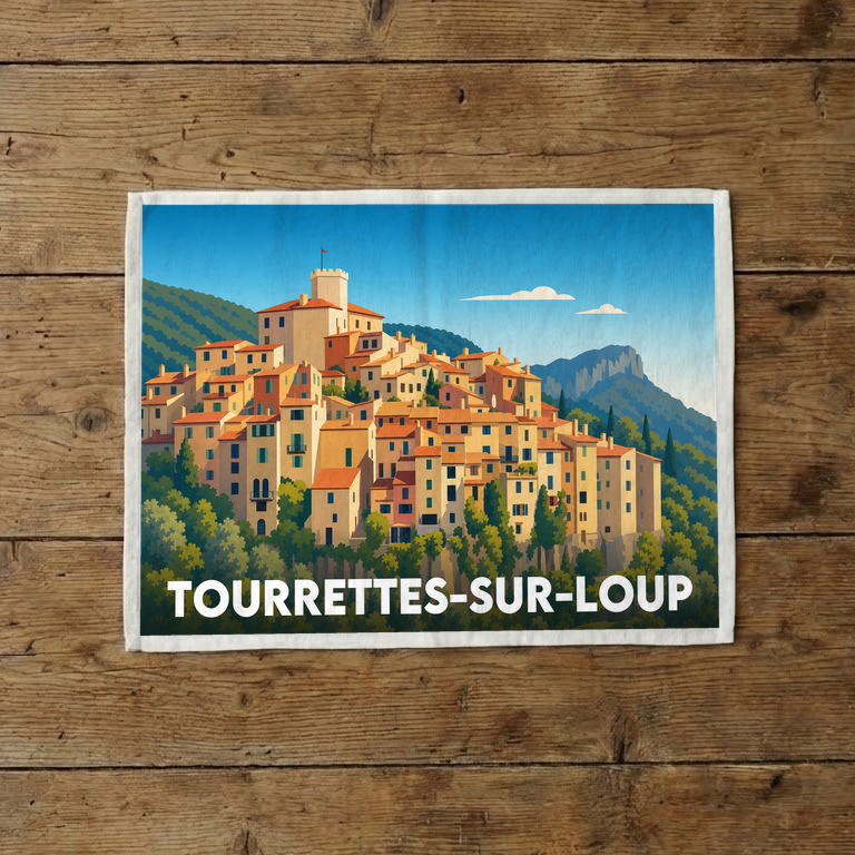 Torchon souvenir de la ville de Tourrettes-sur-Loup avec une illustration stylisée du village perché.