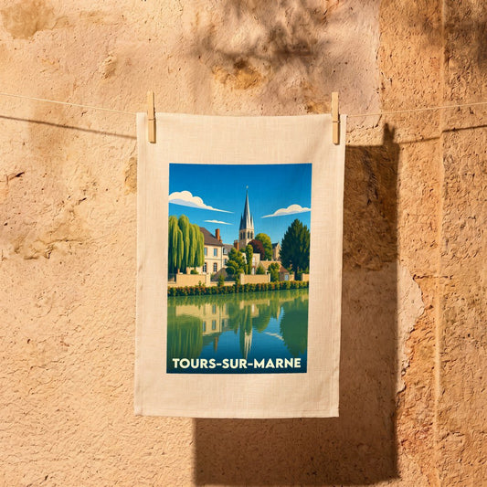 Torchon souvenir de la ville de Tours-sur-Marne avec une illustration stylisée.