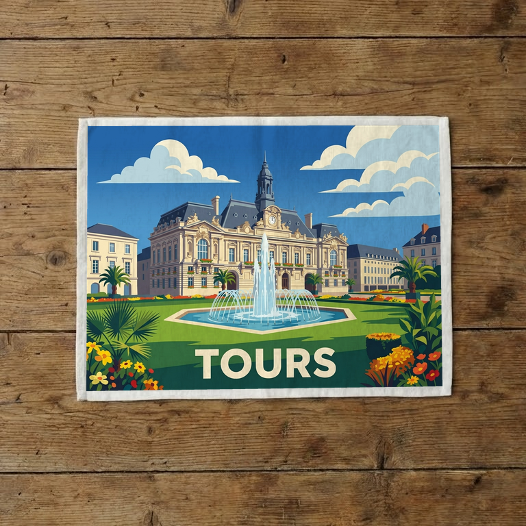 Torchon souvenir de la ville de Tours avec une illustration stylisée.