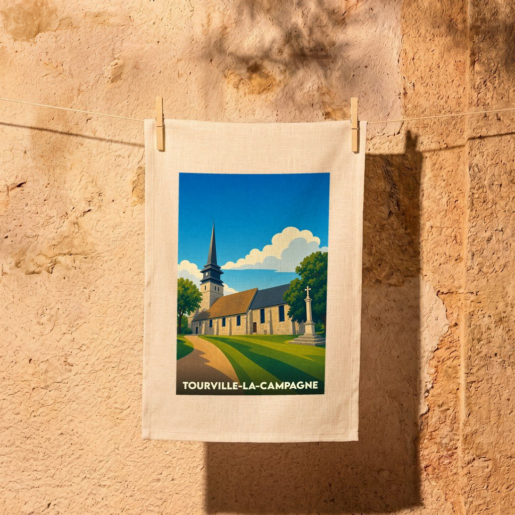 Torchon souvenir de la ville de Tourville-la-Campagne avec une illustration stylisée de son église.