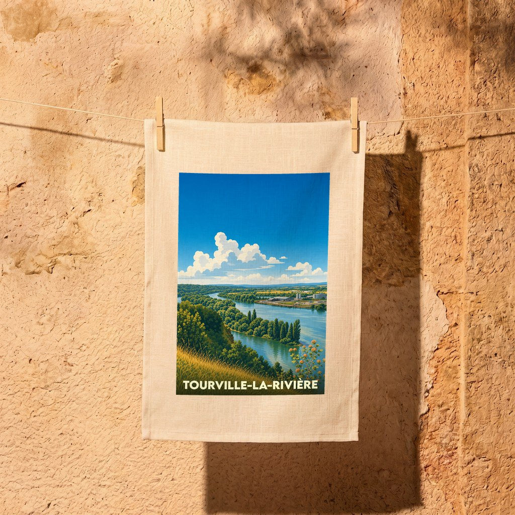 Torchon souvenir de Tourville-la-Rivière orné d'une illustration paysagère stylisée.