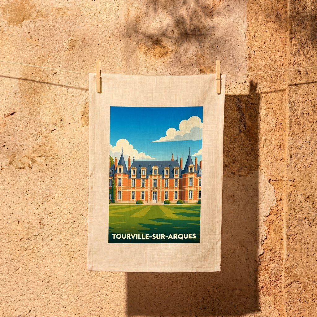 Torchon souvenir de Tourville-sur-Arques illustré par un château stylisé sous un ciel bleu.
