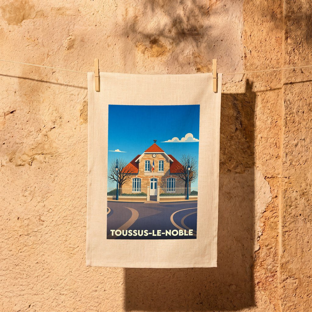 Torchon souvenir de la ville de Toussus-le-Noble avec une illustration stylisée d'un bâtiment emblématique.